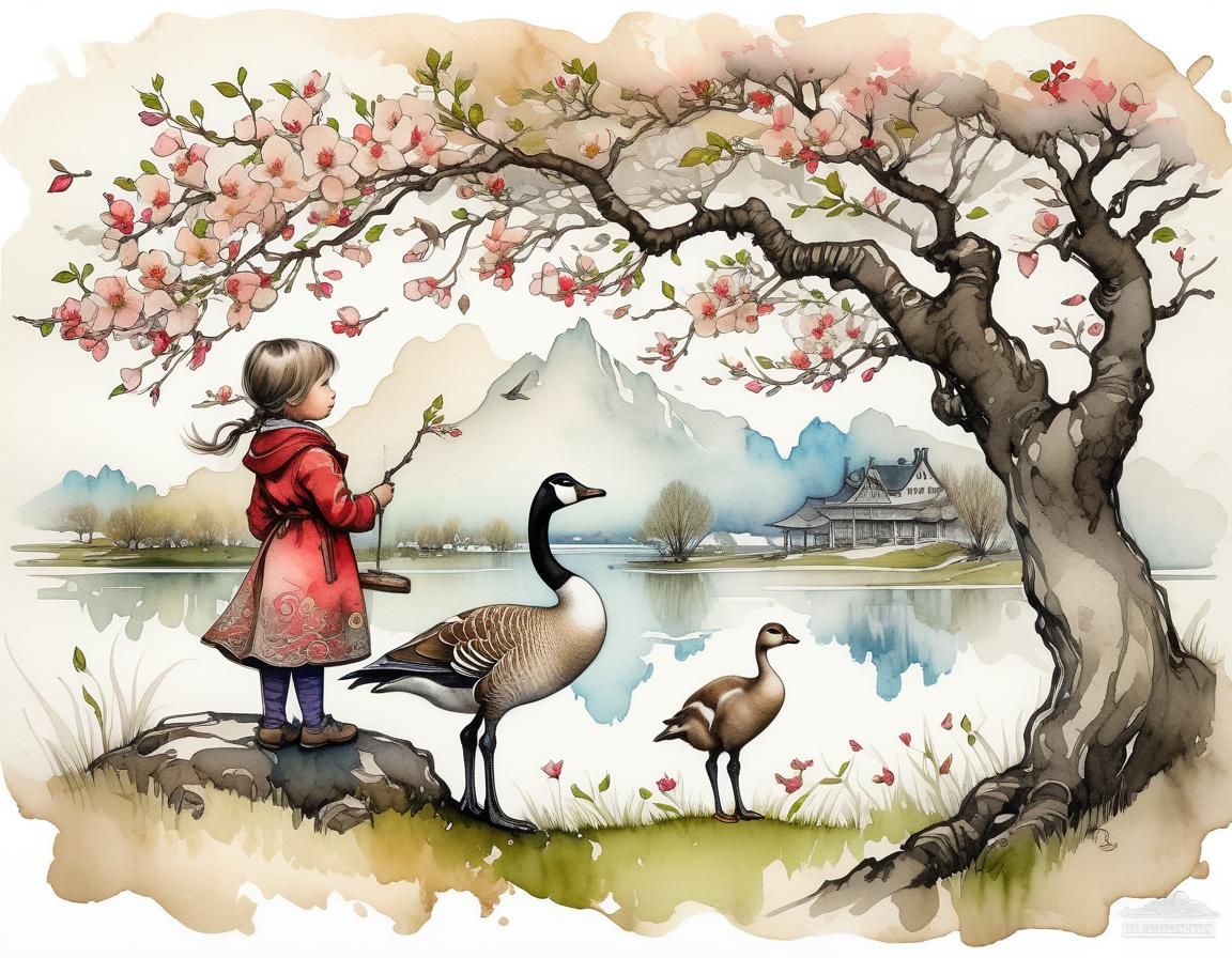 Girl and Goose Illustration Under Dogwood Tree