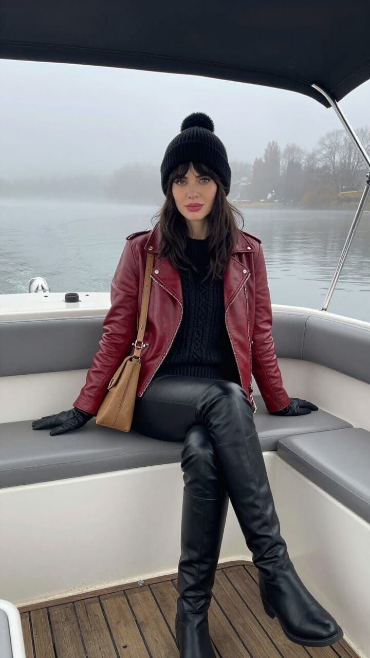 Woman in Leather Jacket on Misty Lake Launch