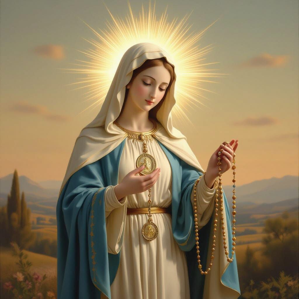 Virgin Mary Holding Miraculous Medal and Rosary