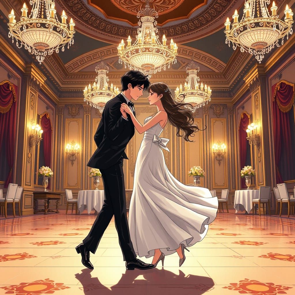 Romantic Ballroom Dance in Elegant Anime Style