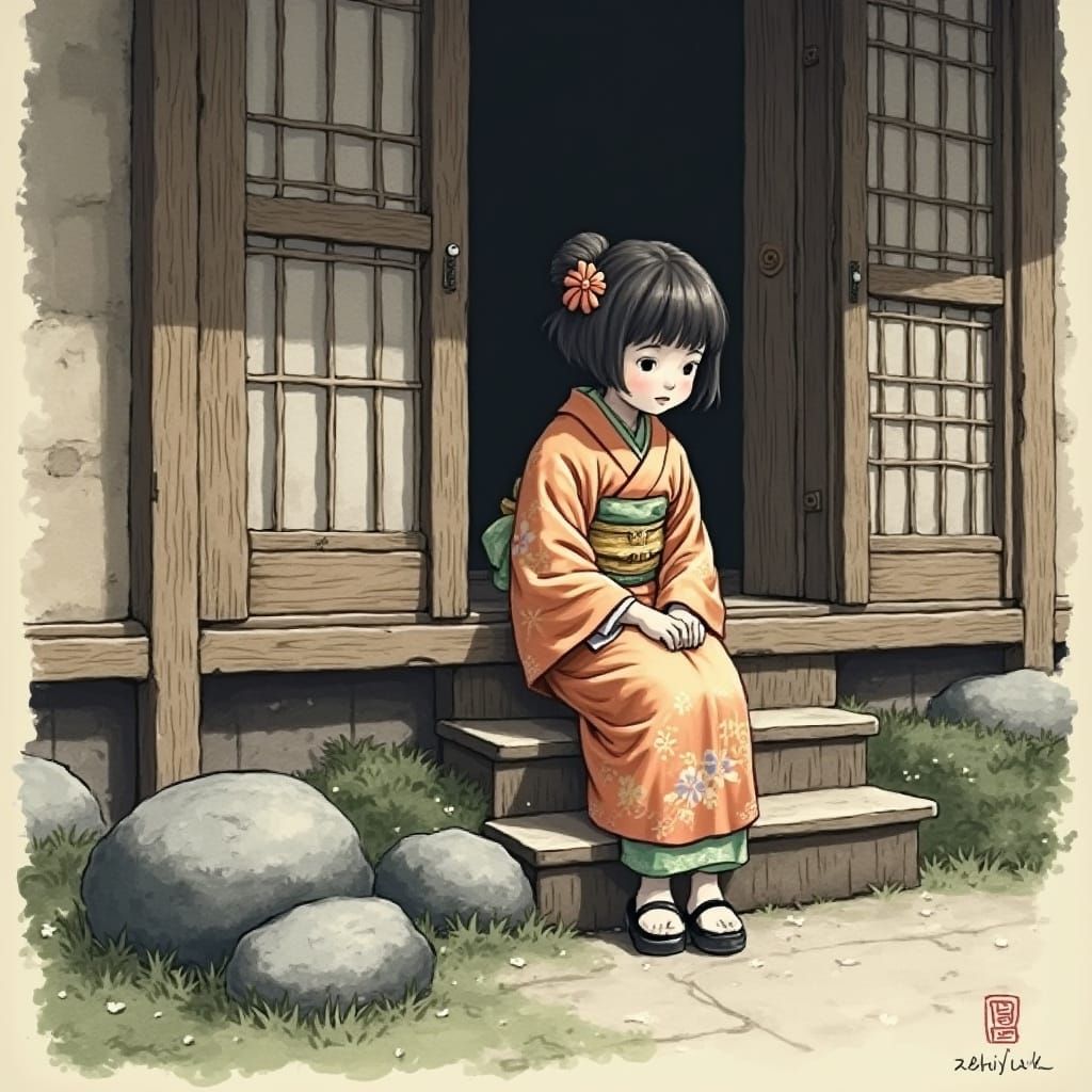 Girl in Kimono: Sumi-e Ink Style Portrait