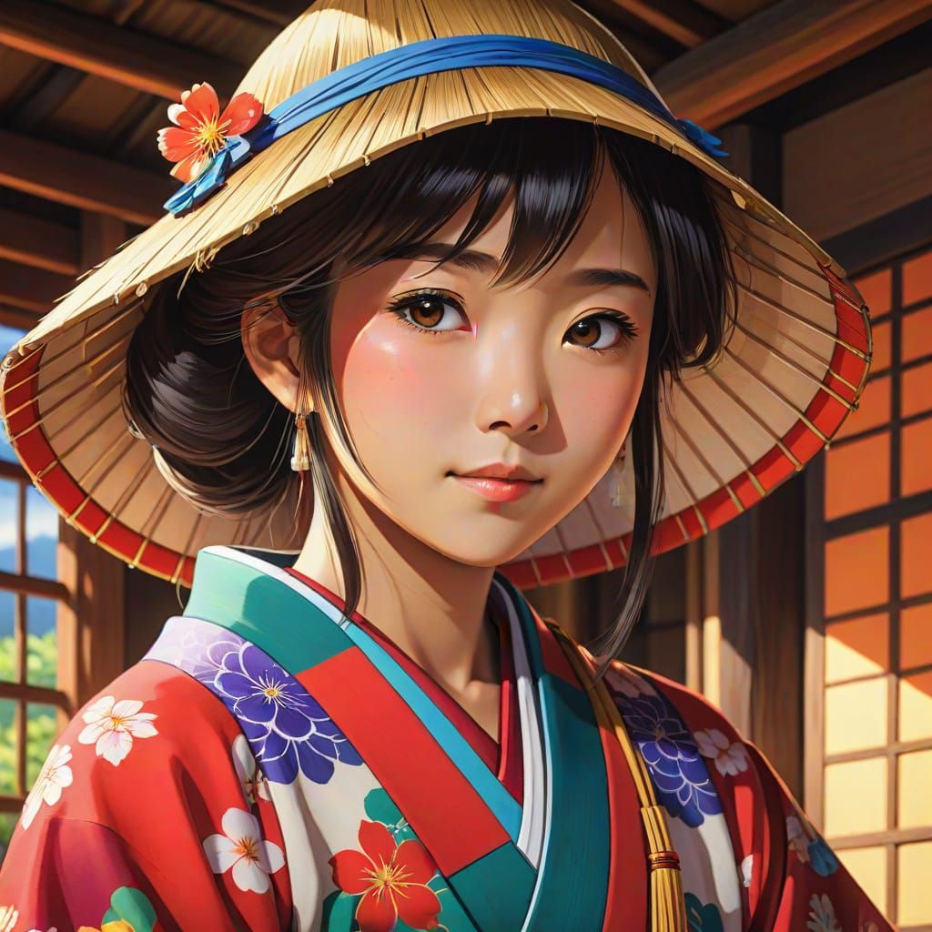 Surreal Anime Portrait of a Japanese Peasant Woman in Tradit...