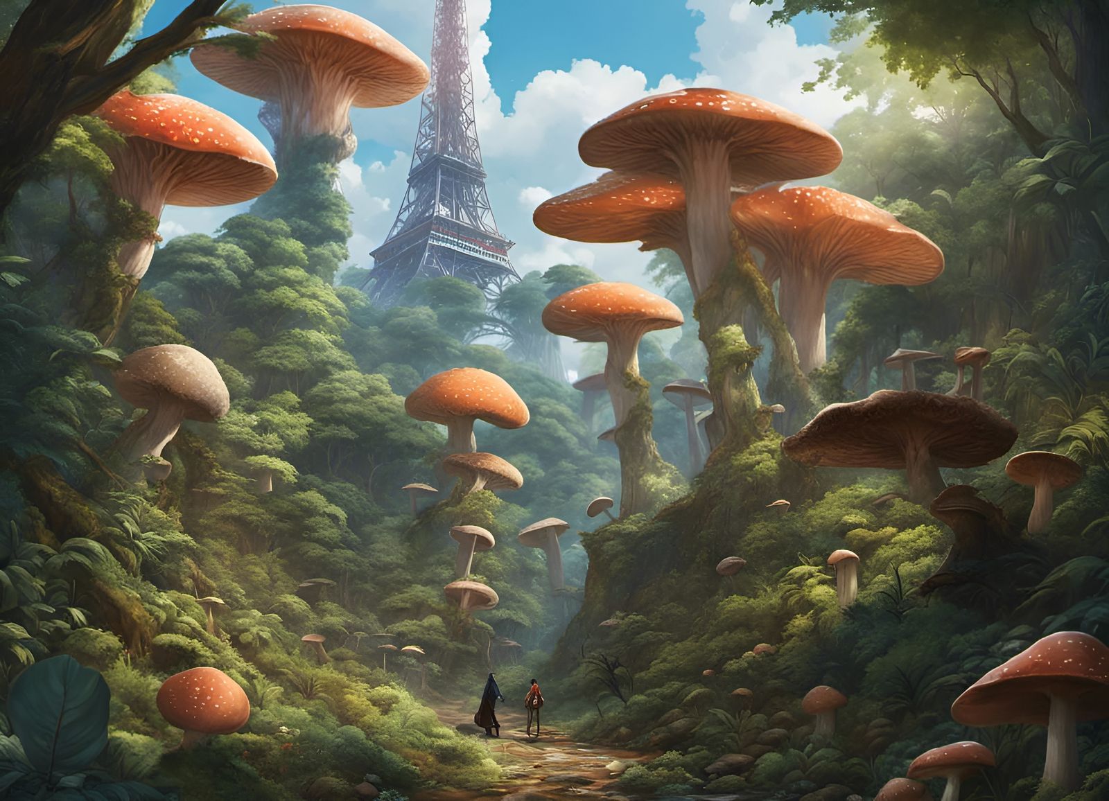 Hyperrealistic Mushroom Forest with Tokyo Tower