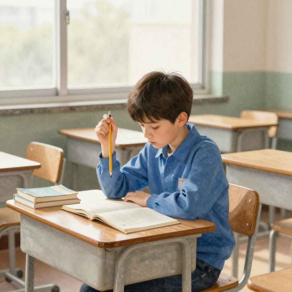 Lonely Boy Fiddles with Pencil in Muted Watercolor Classroom