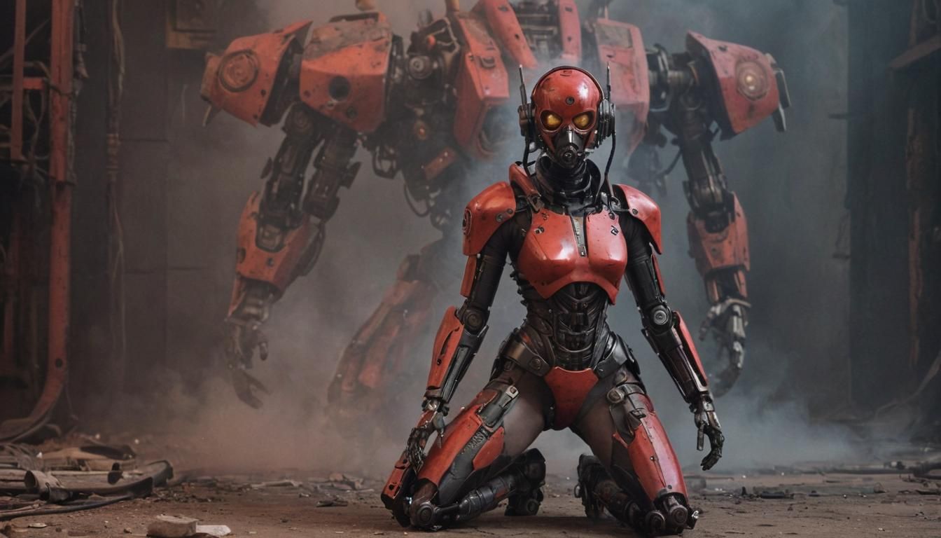 Retro-Futuristic Mechanical Humanoid in Ruins