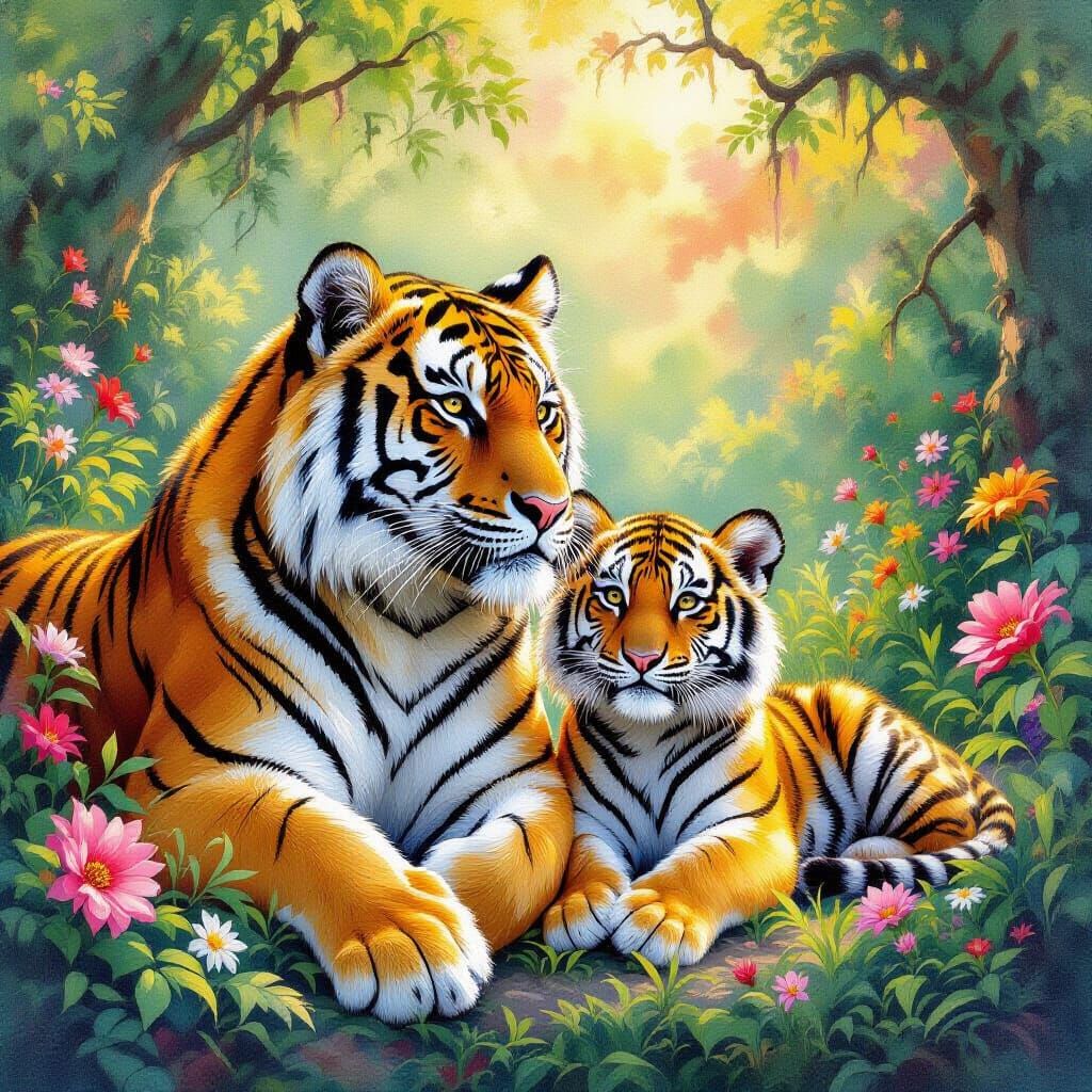 Tiger Family in Forest, Detailed Watercolor Painting