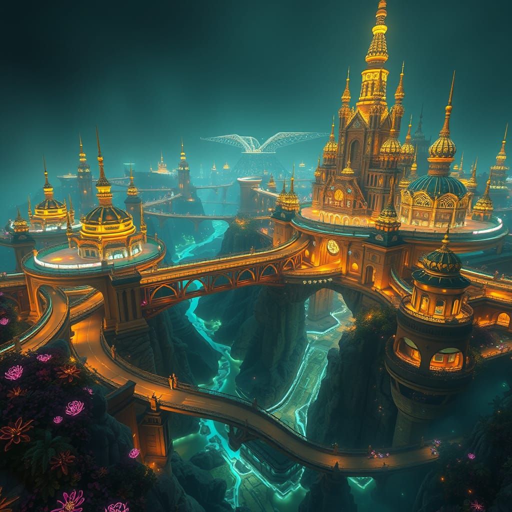 Glowing Fantasy City at Night: Magical Realism