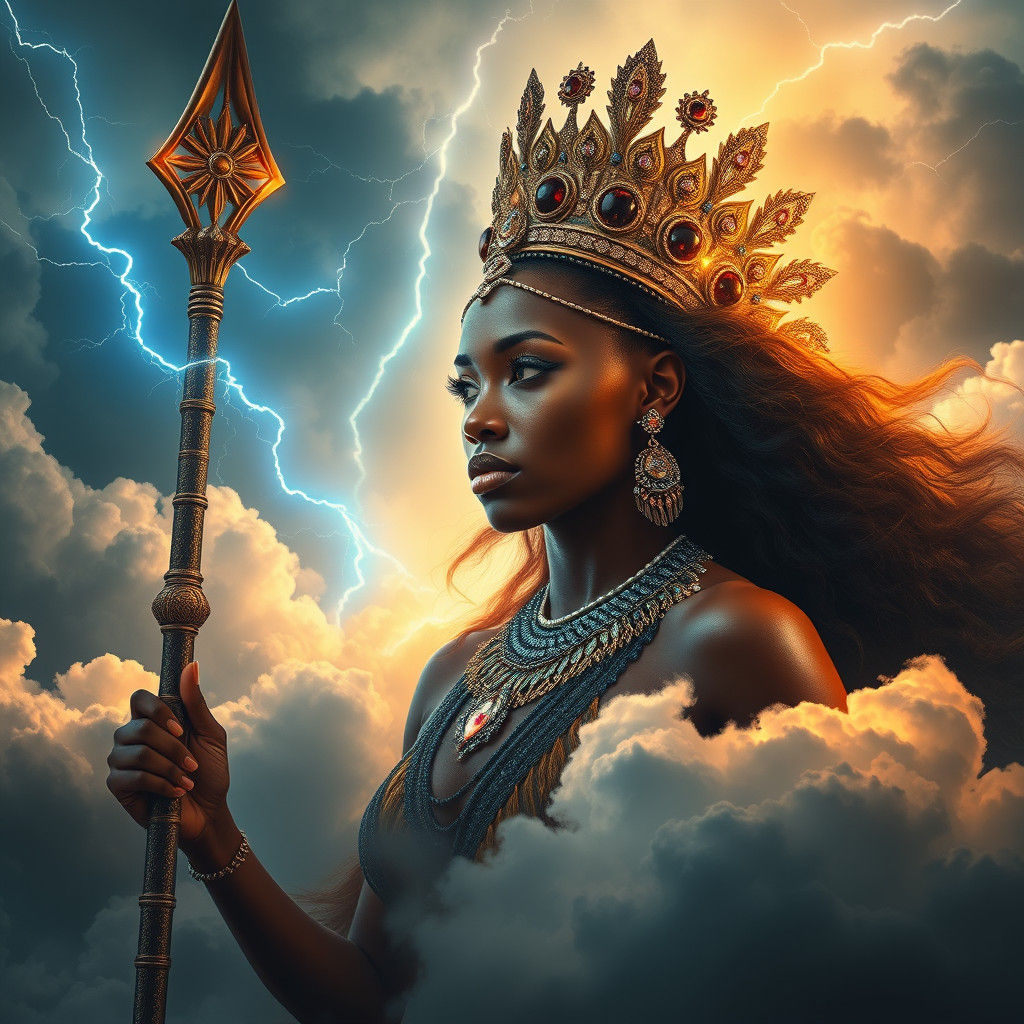 African Goddess Emerges From Clouds with Spear