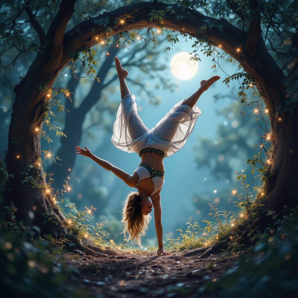 Mystical Elf Handstand in Moonlit Fairy Grove