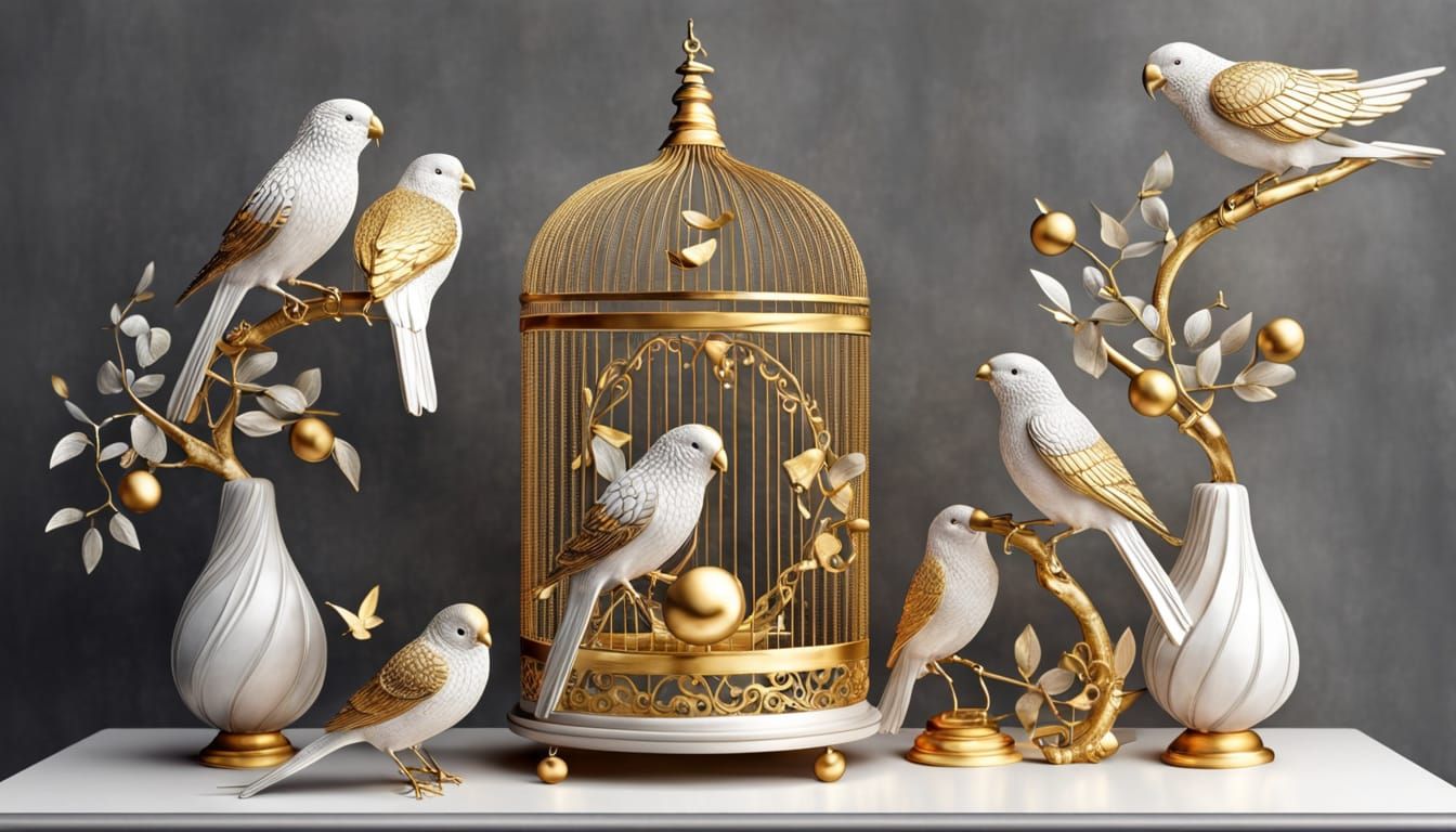 Hyperrealistic Silver and Gold Birdcage with Lovebirds