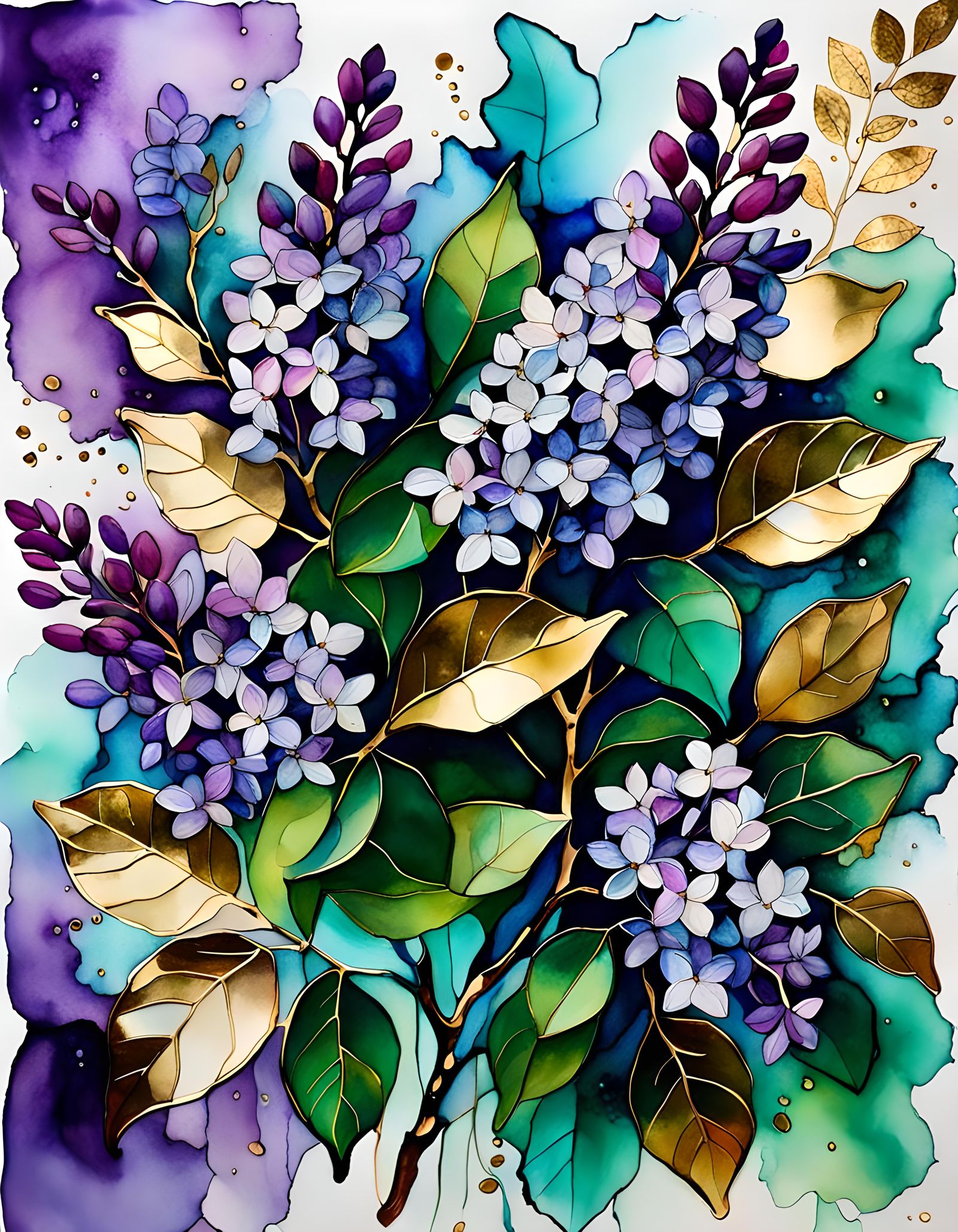 Alcohol Ink Lilacs with Gold Veins