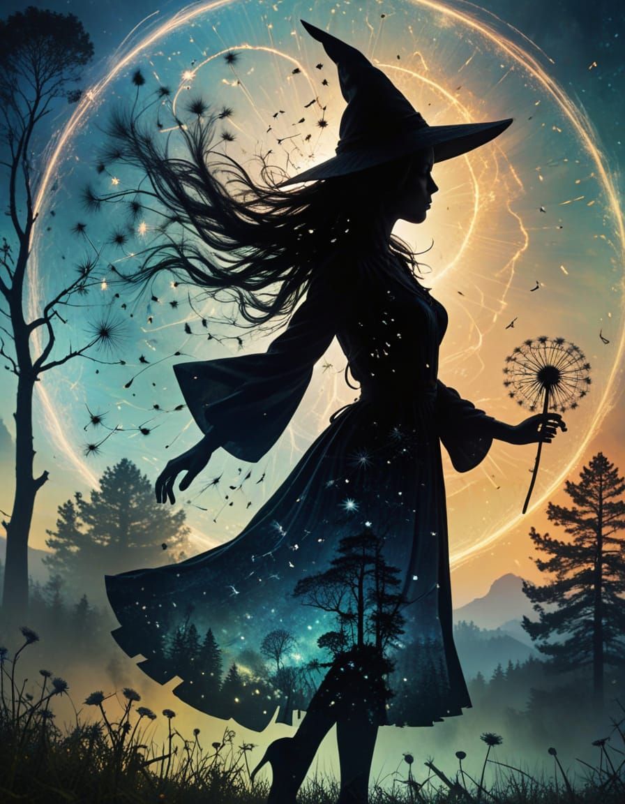 Surreal Witch Silhouette Against Dandelion Landscape