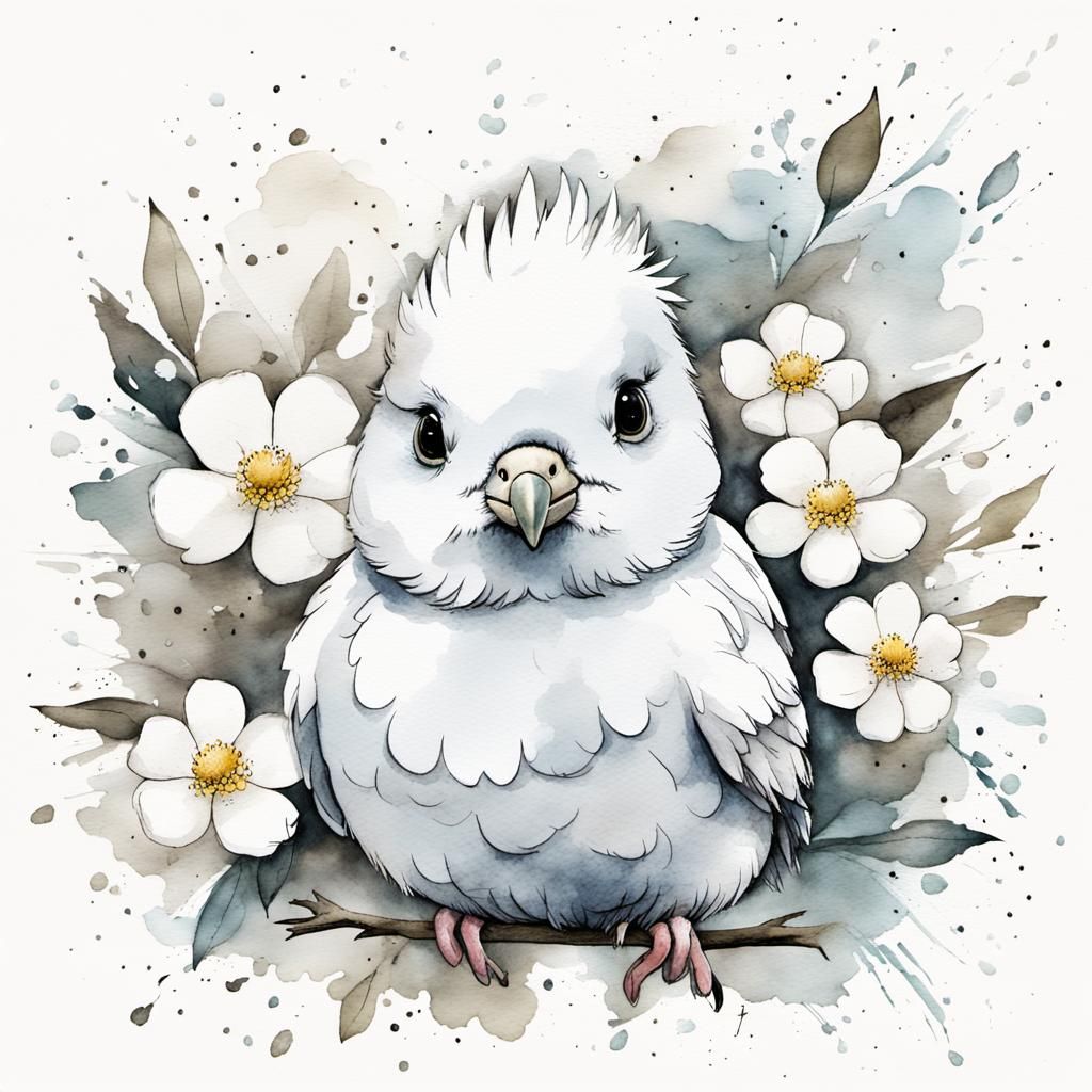 White Pigeon in Flowers: Watercolor Sketch