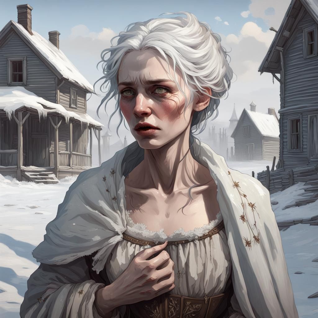 Distressed Slavic Woman in Snowy Ghost Town