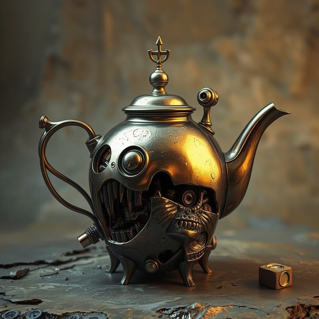 Wacky Futuristic Teapot With Sinister Golden Reflections