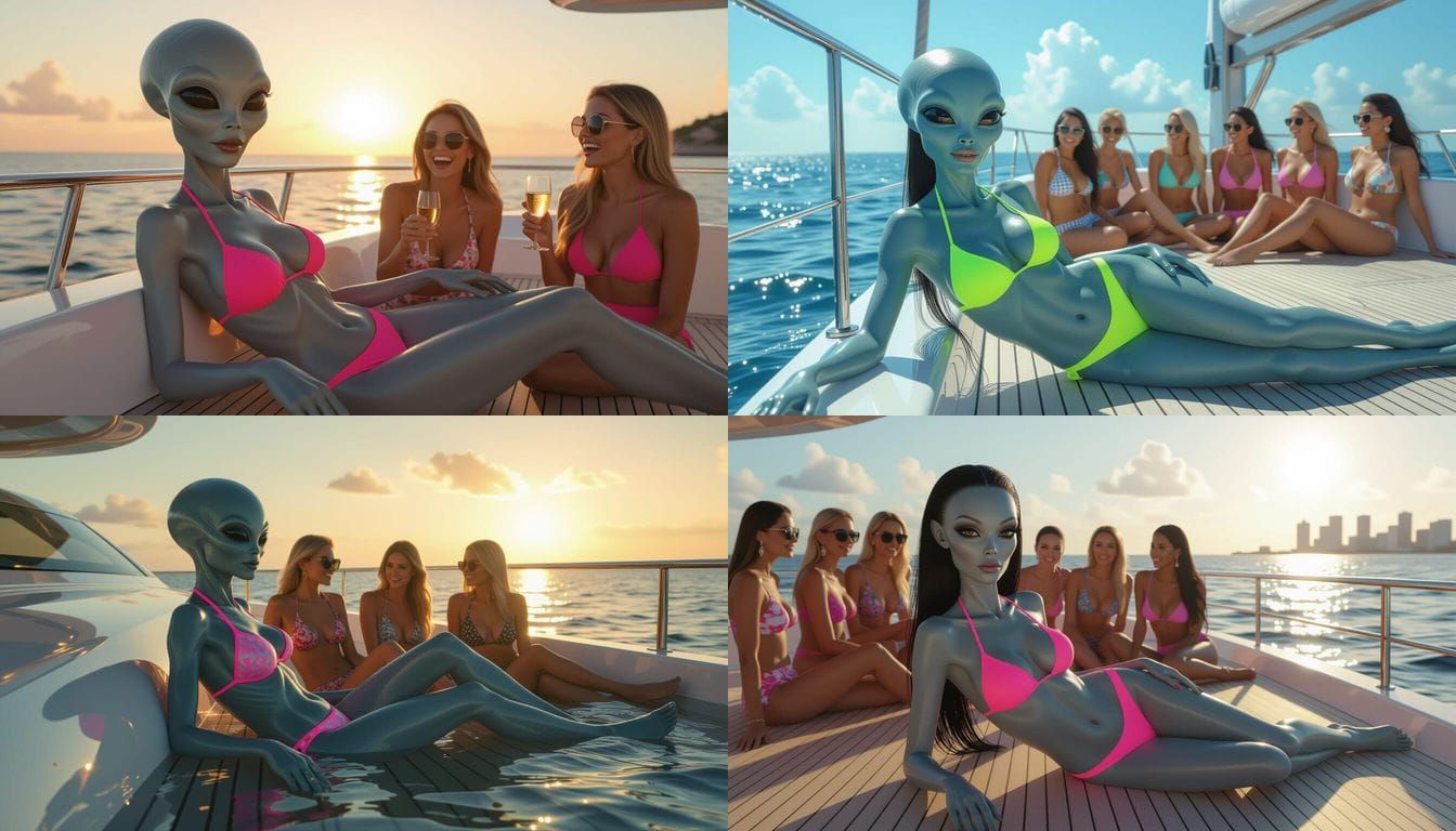 Alien Woman on Luxury Yacht in Neon Bikini