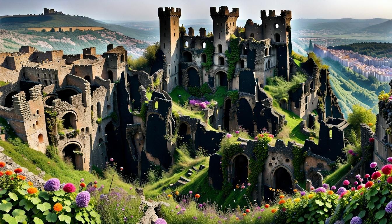 Ruined Fortress Reclaimed by Nature in Pastel Colors