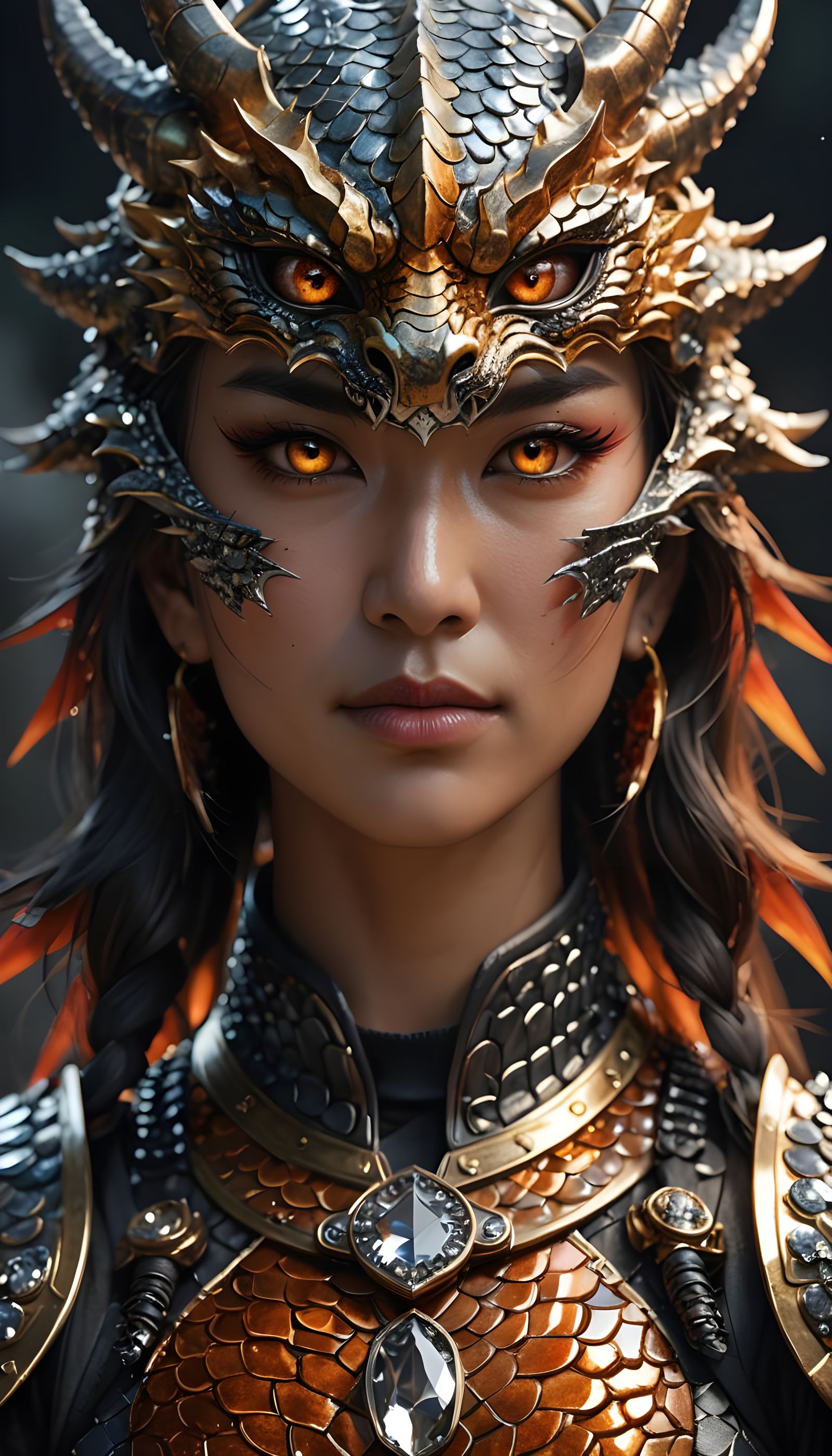 A female samurai dragon, eyes on fire, tiger-colored dragon helmet