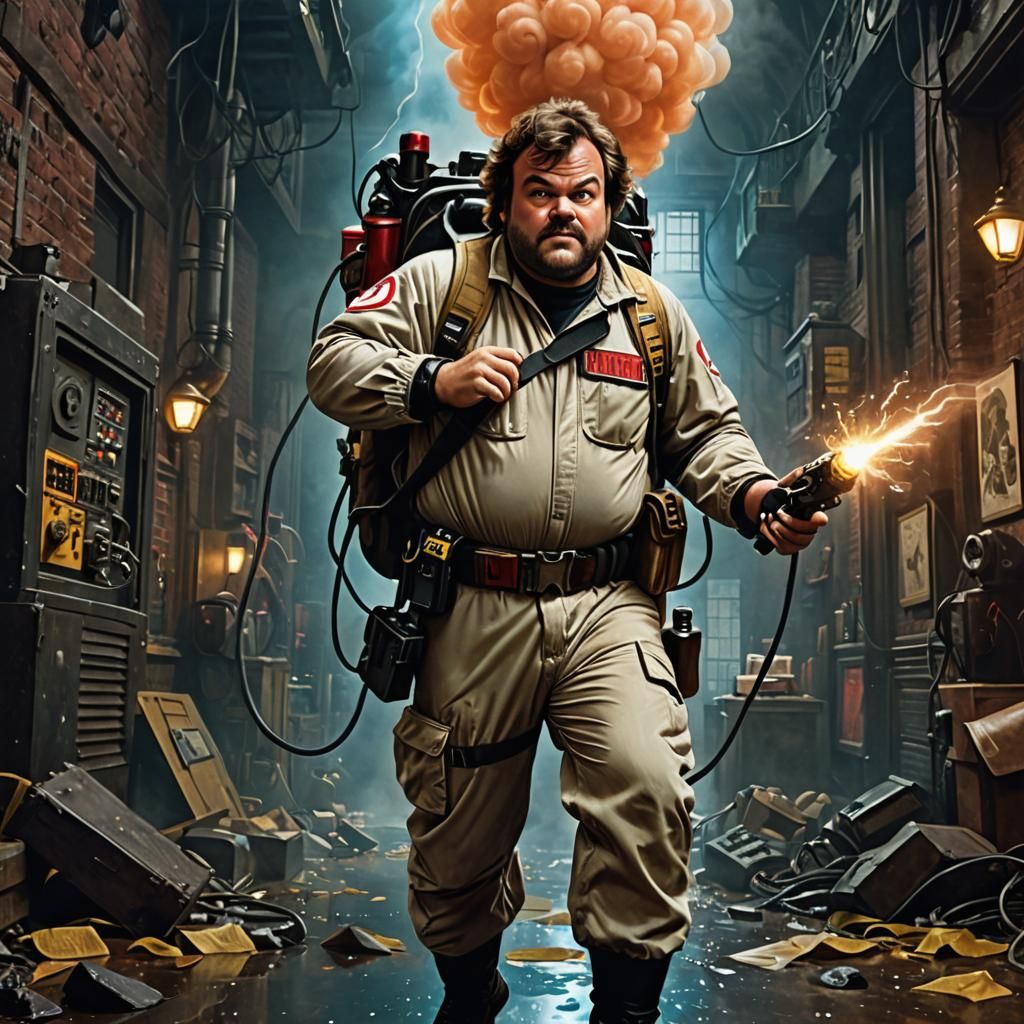 Jack Black dressed as a Ghostbuster in the 1980s