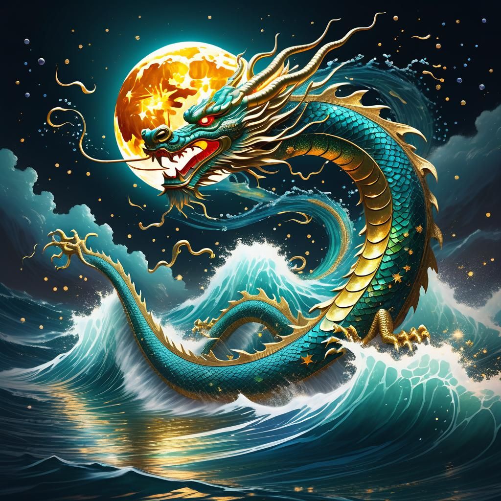 Stellar Multi-Headed Dragon Rising from the Ocean
