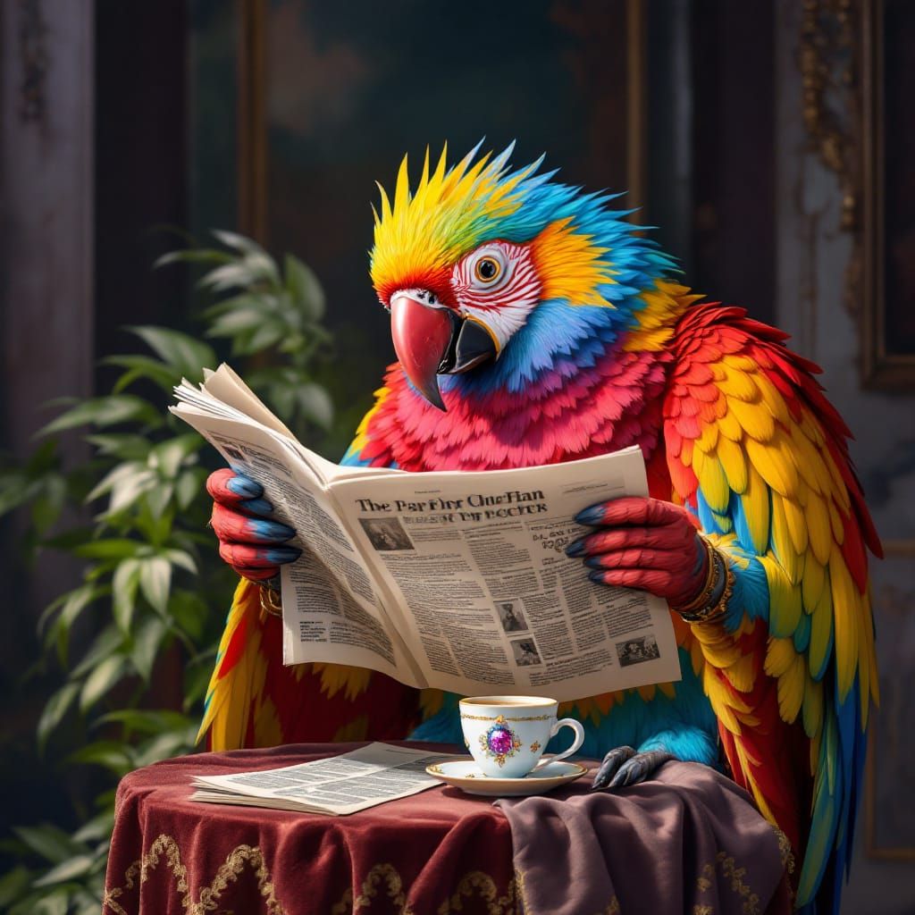 Giant Parrot Reads Newspaper in Dreamlike Setting