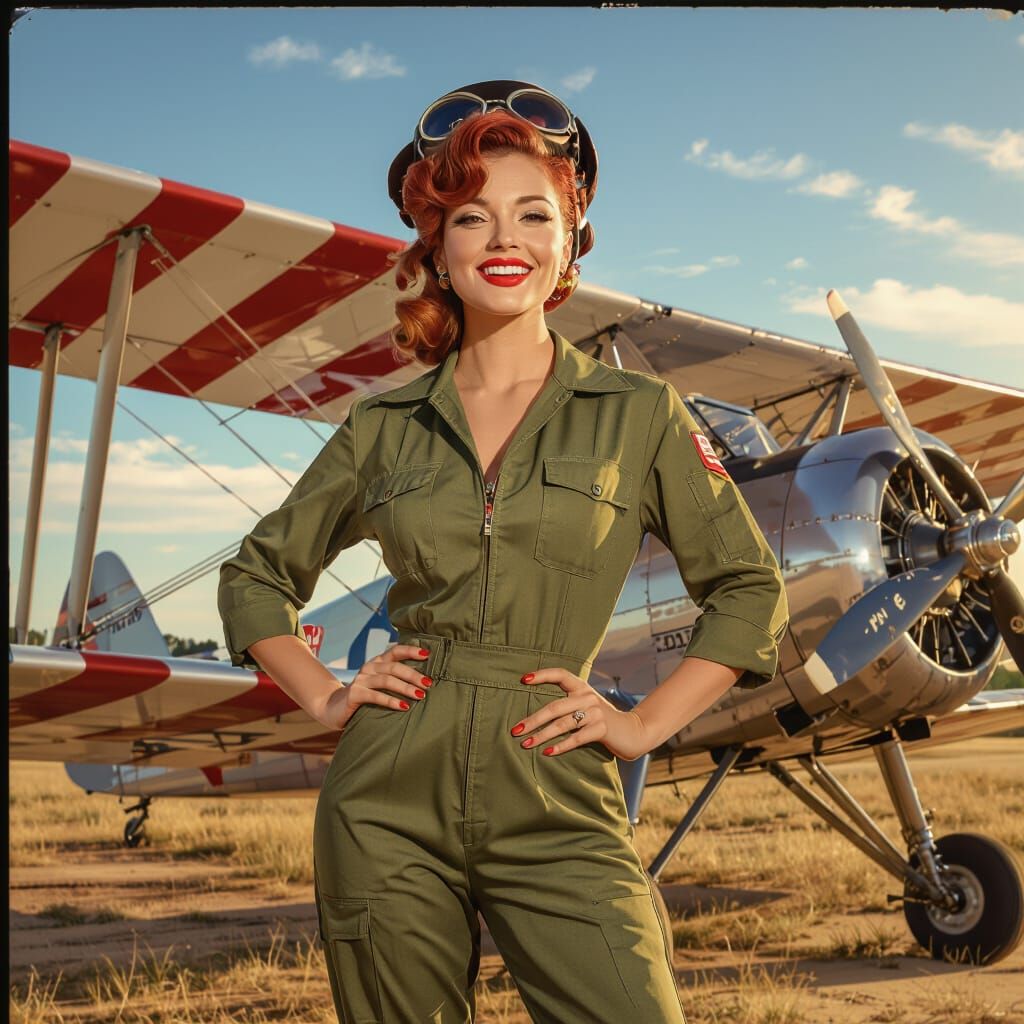 1960s Pin-Up Girl Poses With Vintage Warplane at Sunset