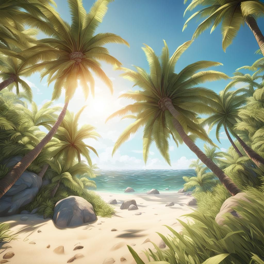 Vibrant 3D Anime Palm Trees on a Beach