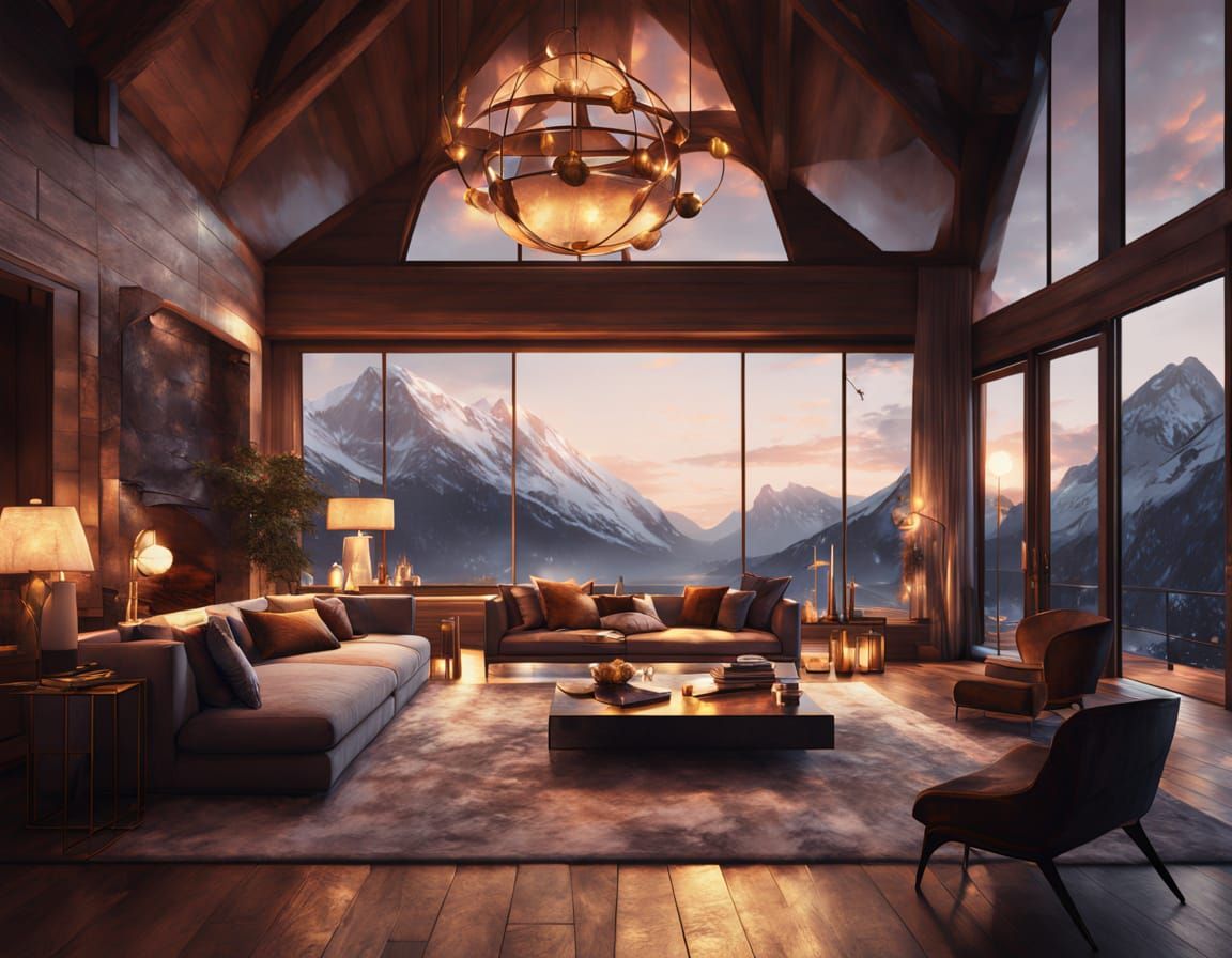 Cozy Ski Lodge Interior at Night, Digital Matte Painting