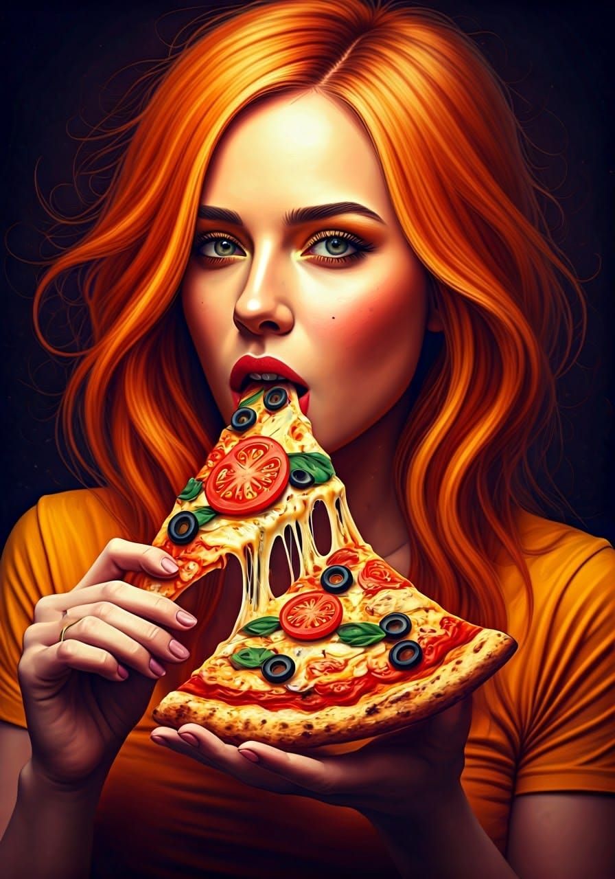Woman Bites Pizza Slice in Detailed Matte Painting
