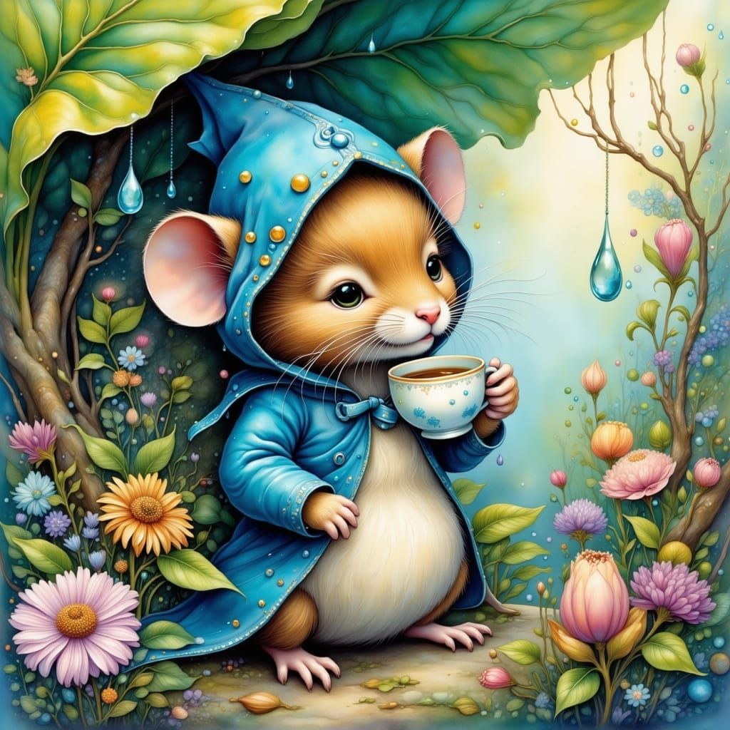 Cartoon Mouse Tea Party in Watercolor Garden