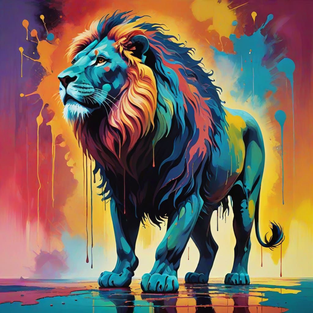 Surreal Dreamlike Scene of a Man-Lion Hybrid in Vibrant Colo...