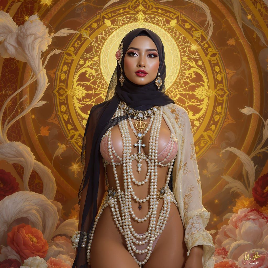 Asian Woman with Pearl Jewelry in Art Nouveau Style