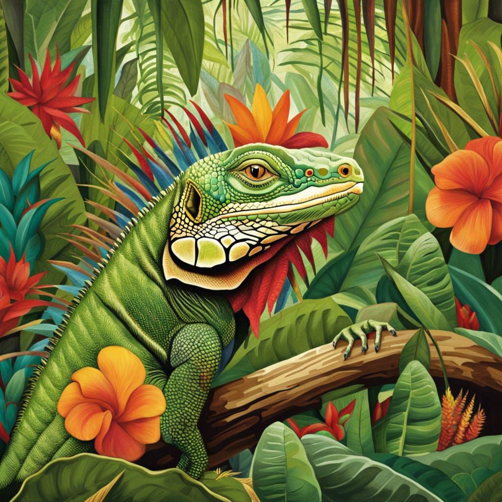 Iguana in Jungle, Frida Kahlo Style