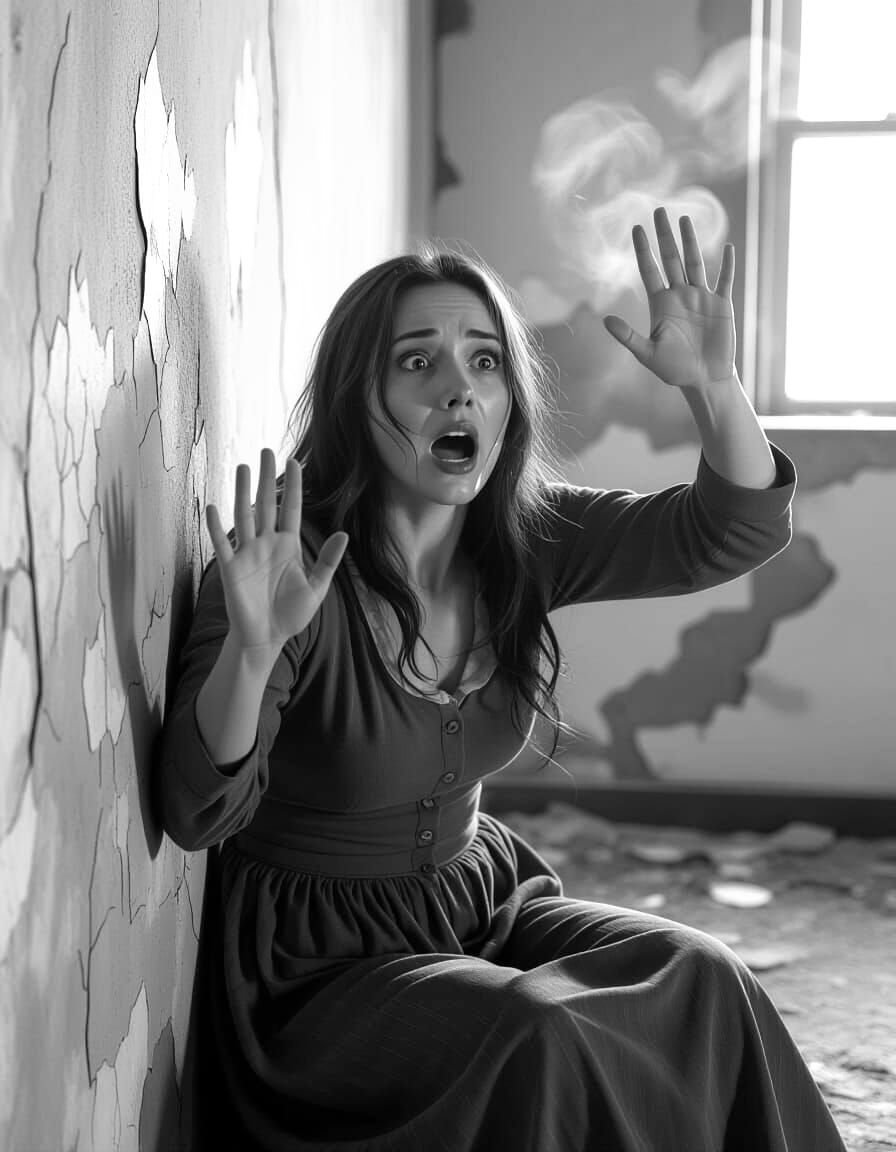 Terrified Woman in Abandoned Room, Sepia HDR Cinematic Style