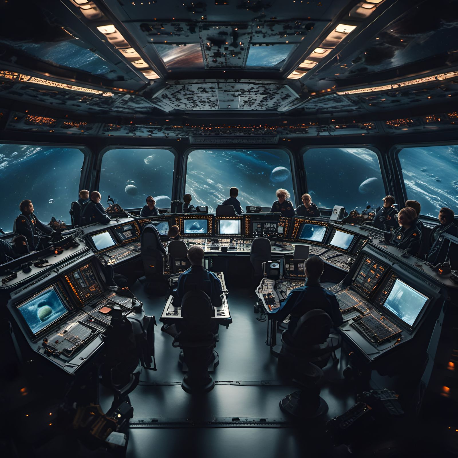 Hyperrealistic Spaceship Bridge with Crew Onboard