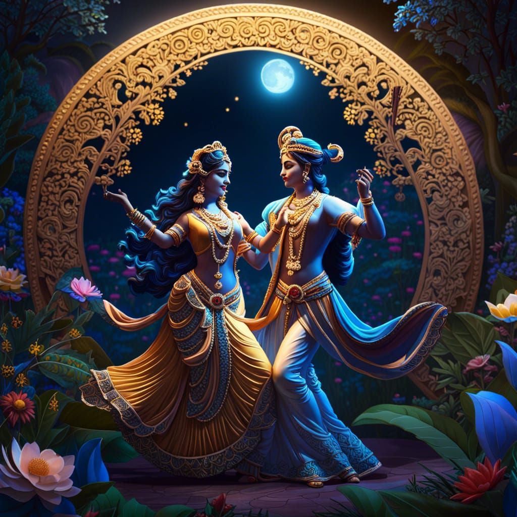 Radha Krishna Dance in Fantasy Garden, Digital Art