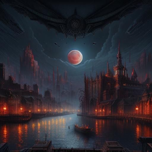 Blood Moon Cityscape: Epic Digital Matte Painting