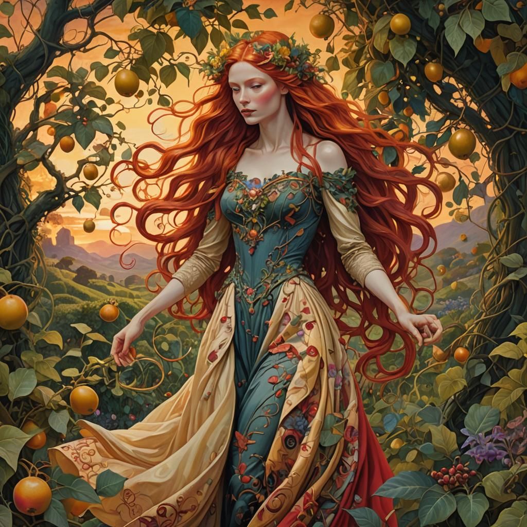 Red-Haired Woman in Passion Fruit Field, Fantasy Art