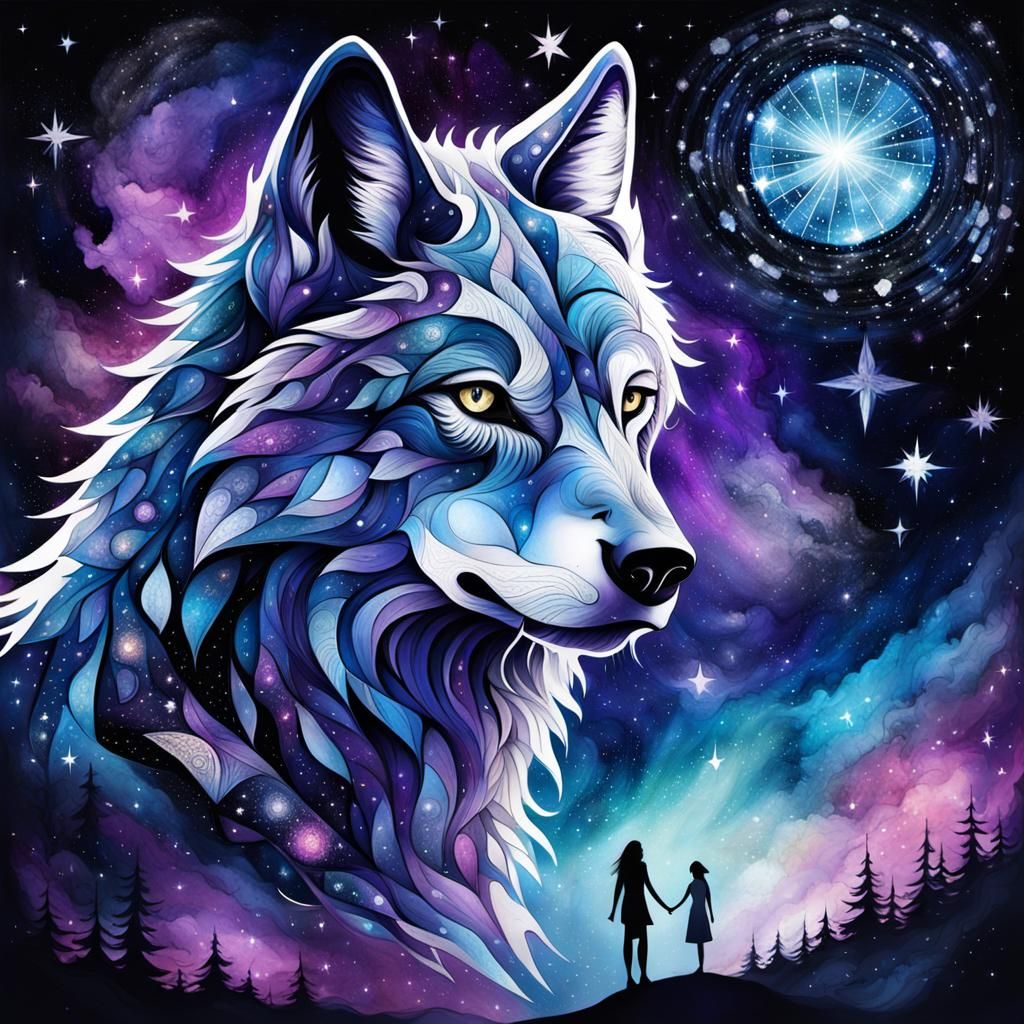 Cosmic Wolf-Woman Silhouette in Dark Fantasy Style