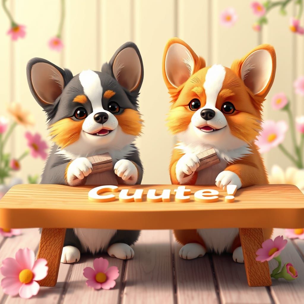 Two Fluffy Corgis Holding Wood with "Cuuute!" in Surreal Sty...