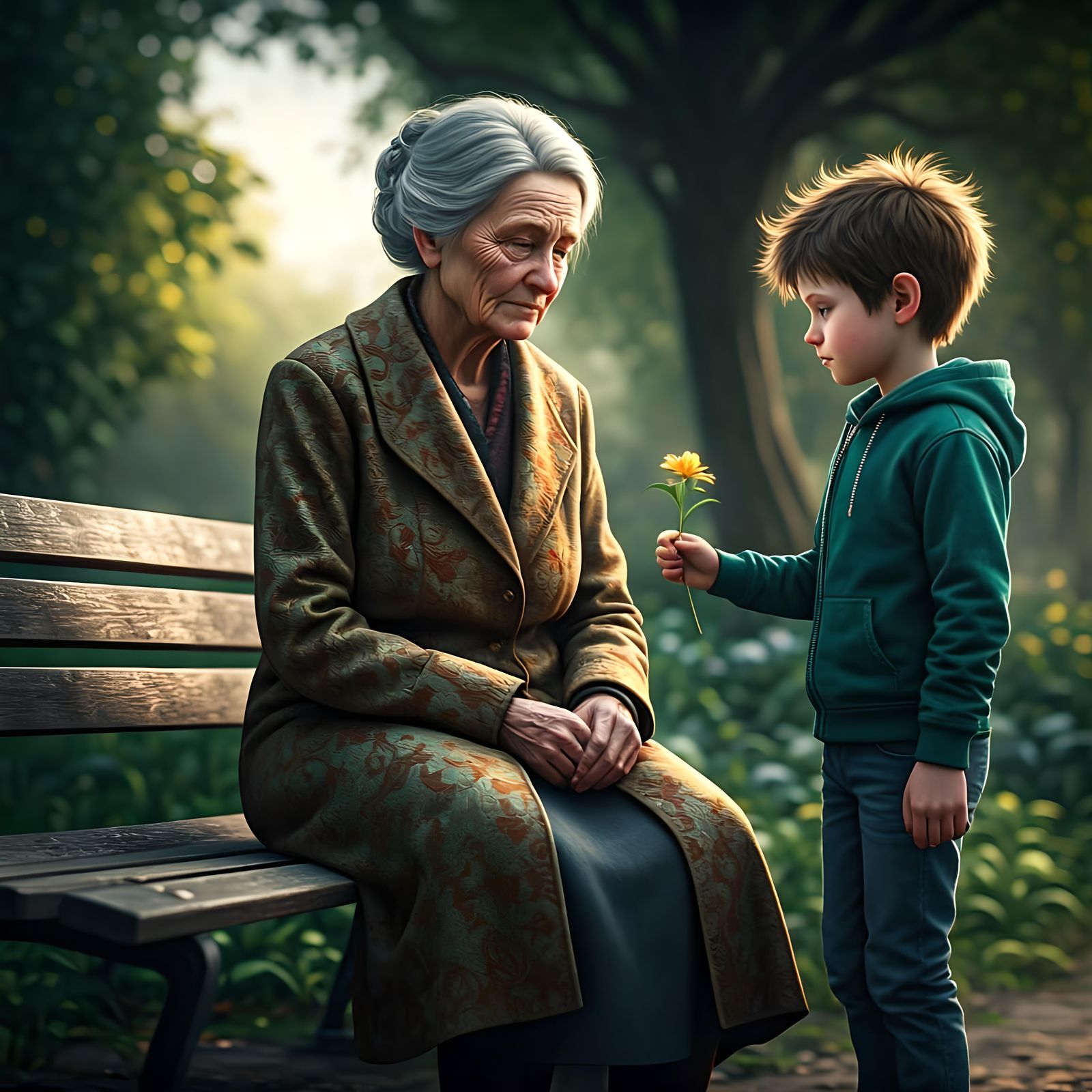 Boy Offers Flower to Sad Woman: 8K Render