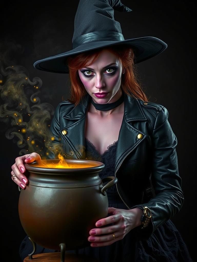 Bewitching Woman Stirring Cauldron in Eerie Illustration Sty...