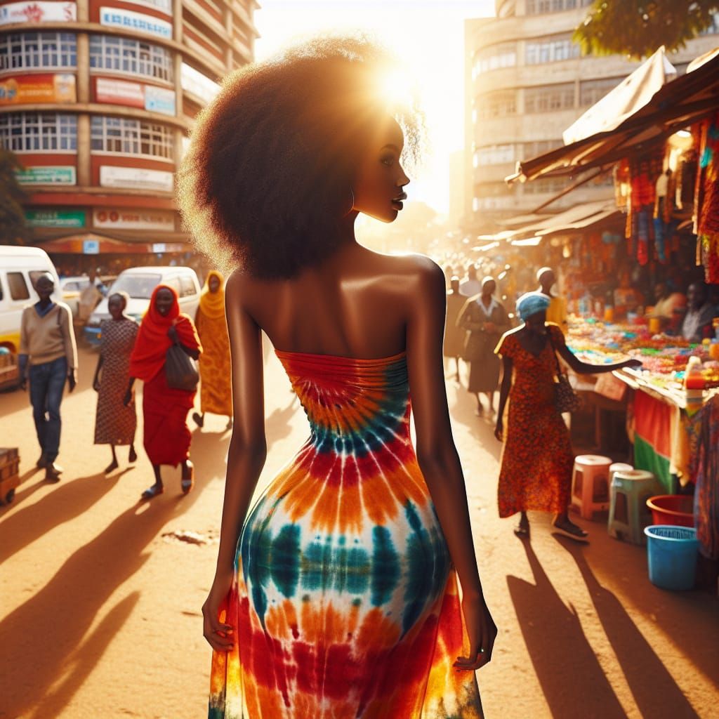 Vibrant Nairobi Street Scene with Backlit Kenyan Woman in Ti...