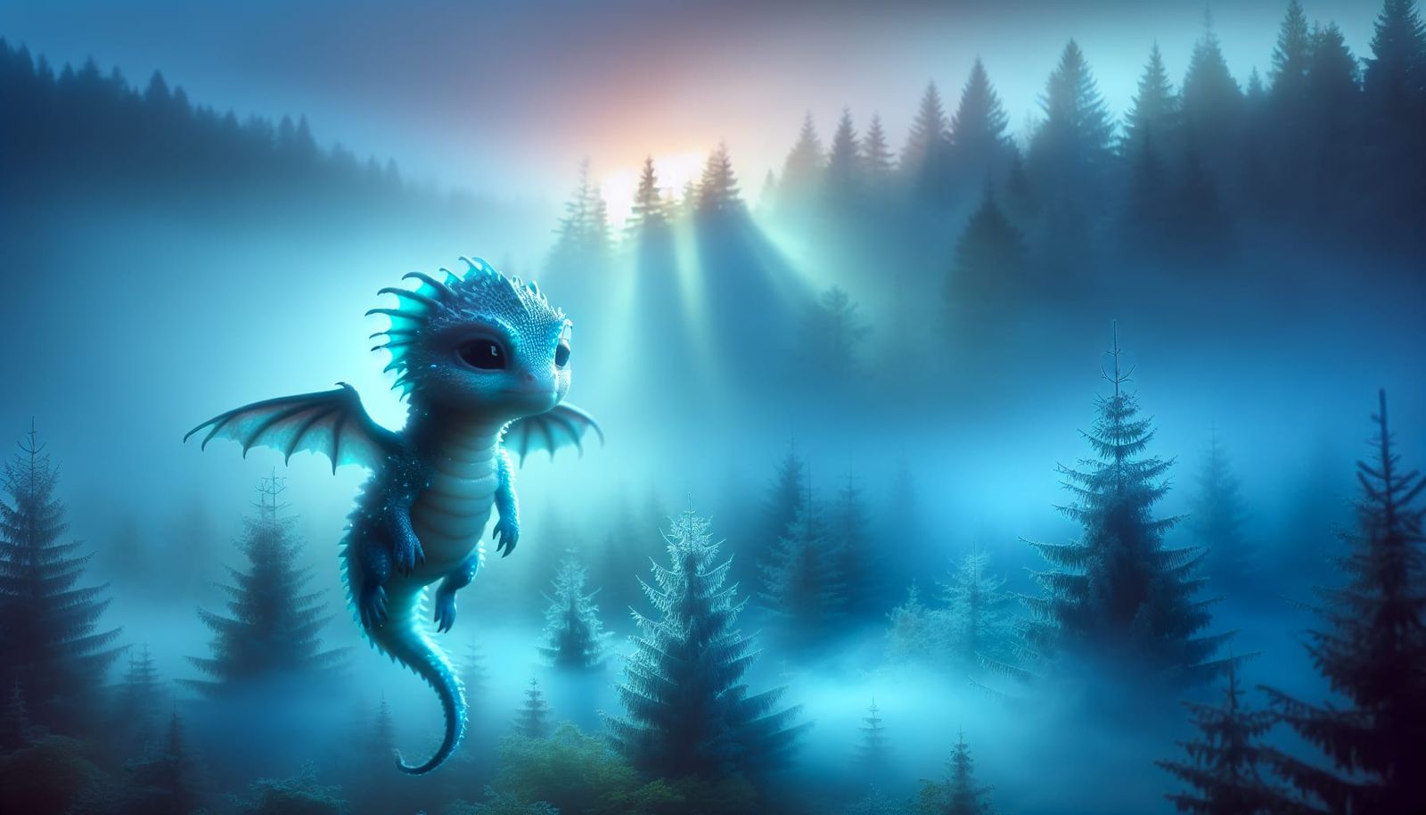 Ethereal Blue Baby Dragon in Misty Forest
