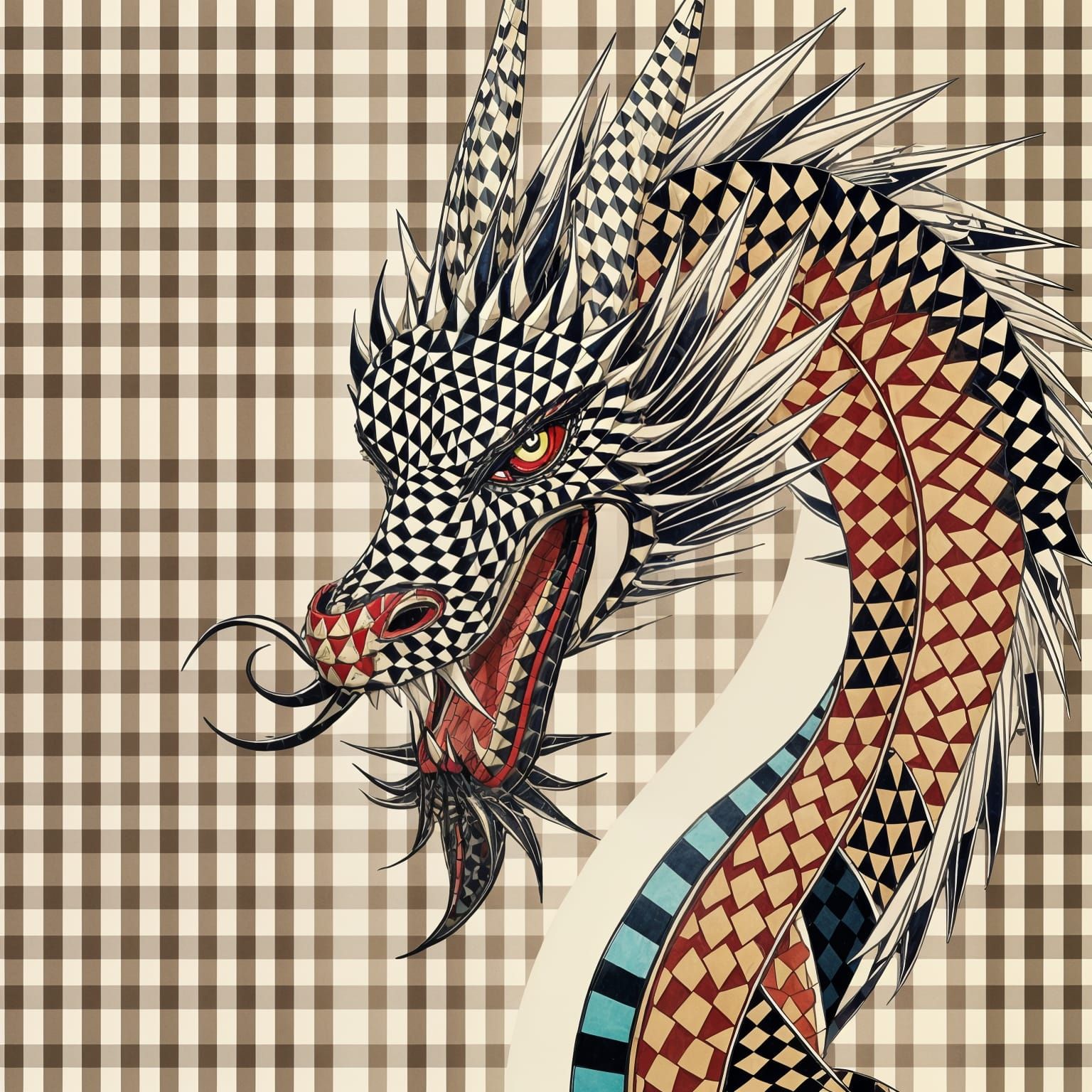 Vibrant Geometric Dragon in Abstract Gingham Mosaic