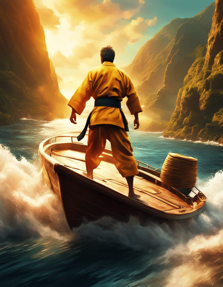 Karate Player on Boat: Vibrant Digital Concept Art