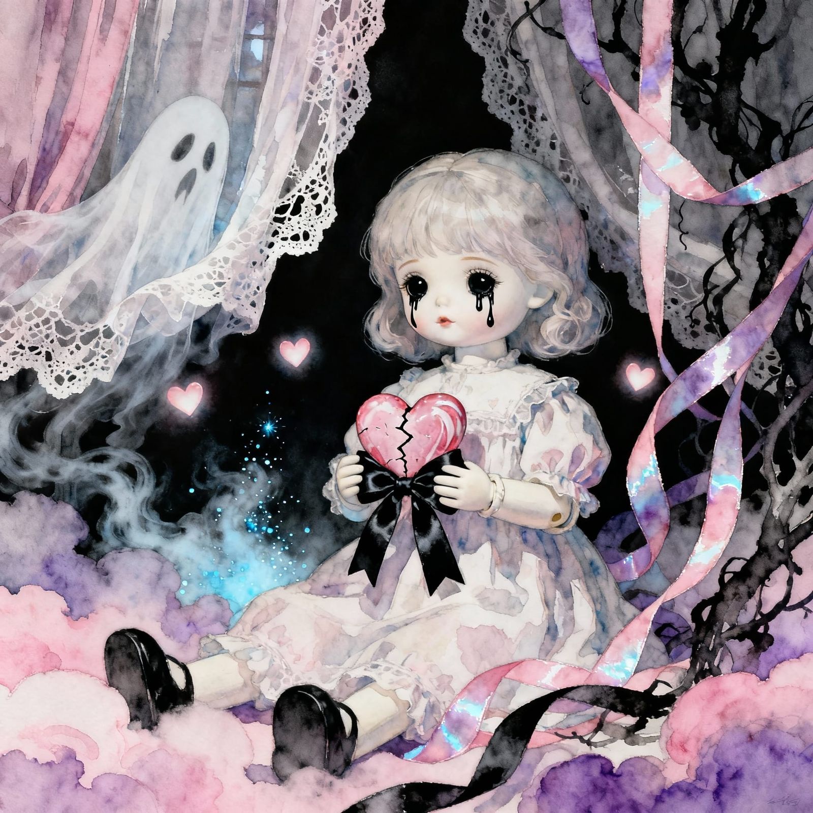 Ethereal Doll with Black Tears in Pastel Dreamscape