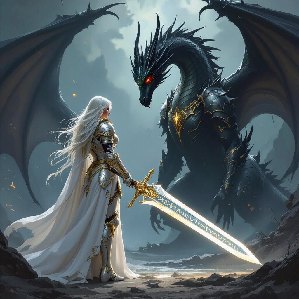 Paladin Confronts Dragon in Fantasy Art Style