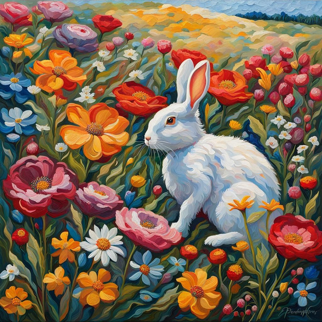 Rabbit in Wildflowers: An Impasto Painting