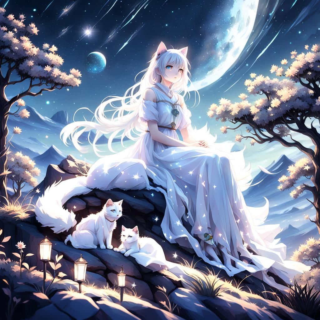 Girl and Crystal Cat Under Milky Way: 3D Anime Art